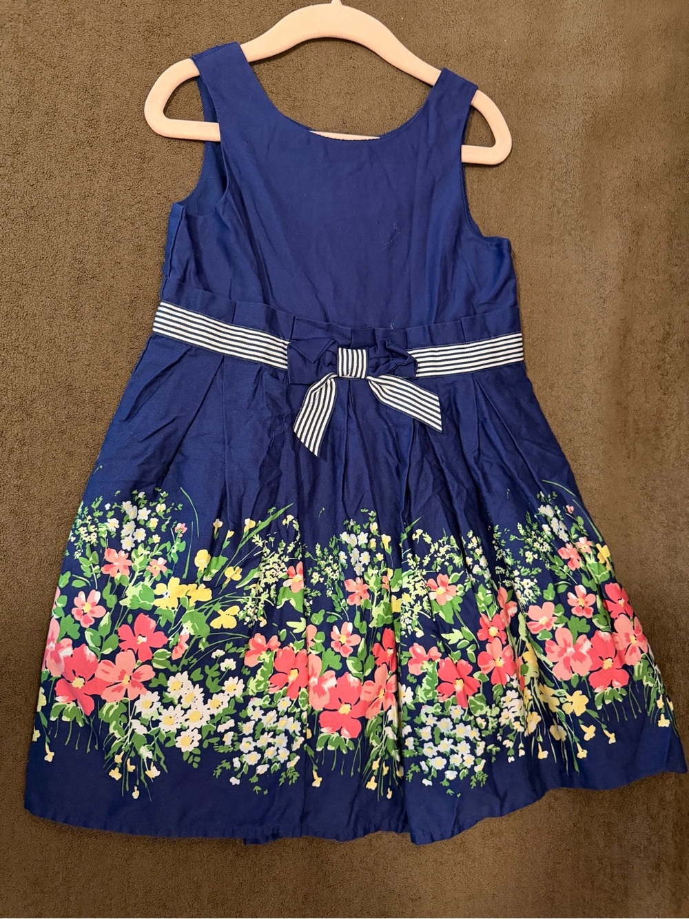 Jacadi Navy Floral Dress with Striped Waist Bow